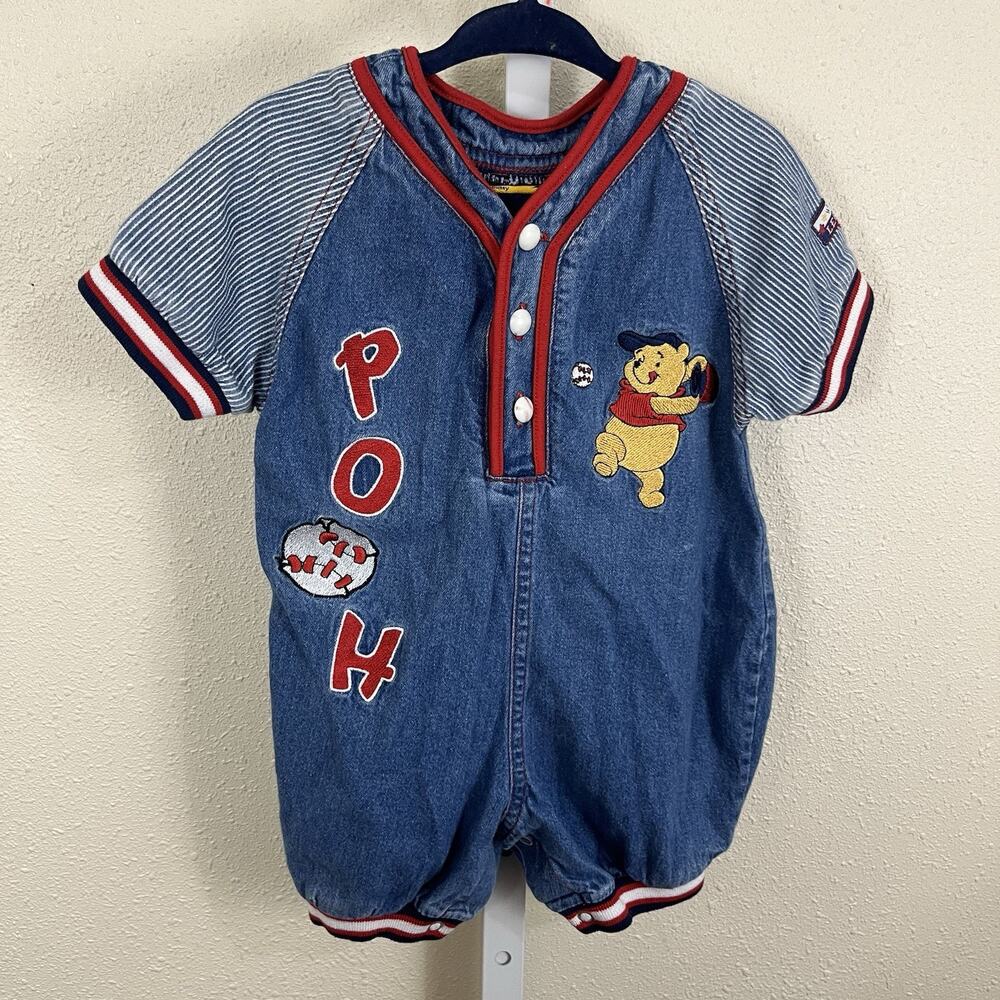 Vintage Y2K Disney Winnie the Pooh Denim Romper Baby 18M Baseball Shortall 2000